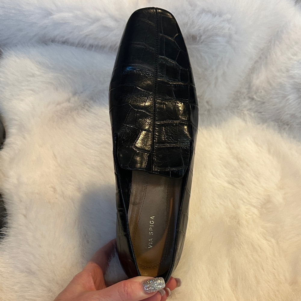 Via Spiga Black Croc-Embossed Slip-Ons